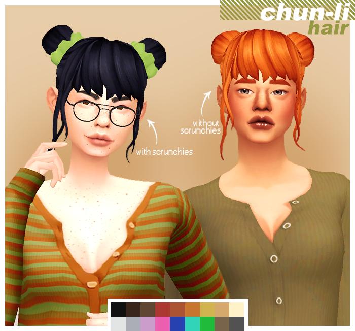 Chun-Li Inspired Hair with Scrunchies, Base Game Compatible