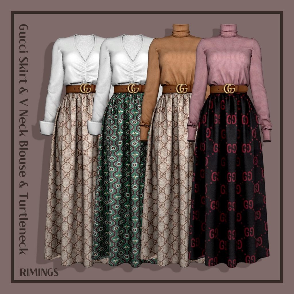 Gucci Long Skirt with Belt and V Neck Blouse with Turtleneck Set for Female [Alpha]
