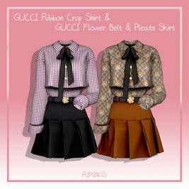 [RIMINGS] GUCCI Ribbon Crop Shirt & GUCCI Flower Belt & Pleats Skirt | RIMINGS