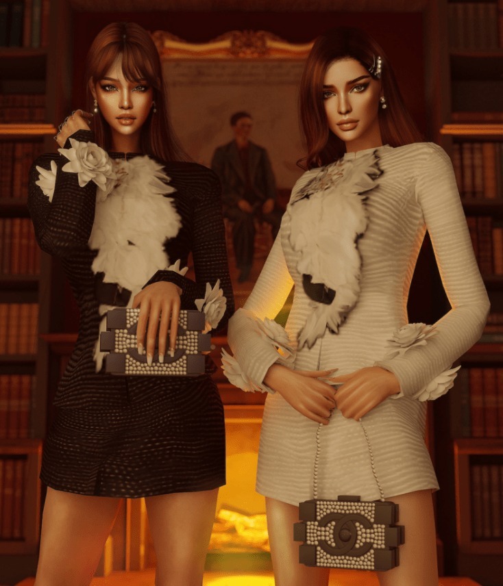 Sims 4 chanel floral tweed midi Suit, Skirt and clutch