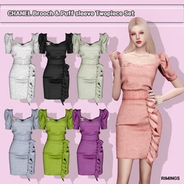 Two Piece Dress Set with Puff Sleeves and Chanel Brooch [Alpha]