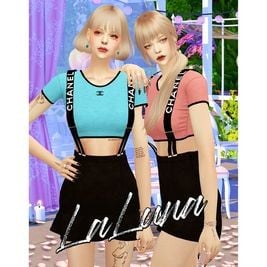 Chanel cropped T-shirt +suspender skirt 