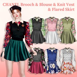 Chanel Brooch, Blouse with Knit Vest and Flared Skirt