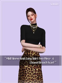 [soboro] Midi Sleeve Knit Long Silk Skirt Two piece & Chanel Brooch Scarf