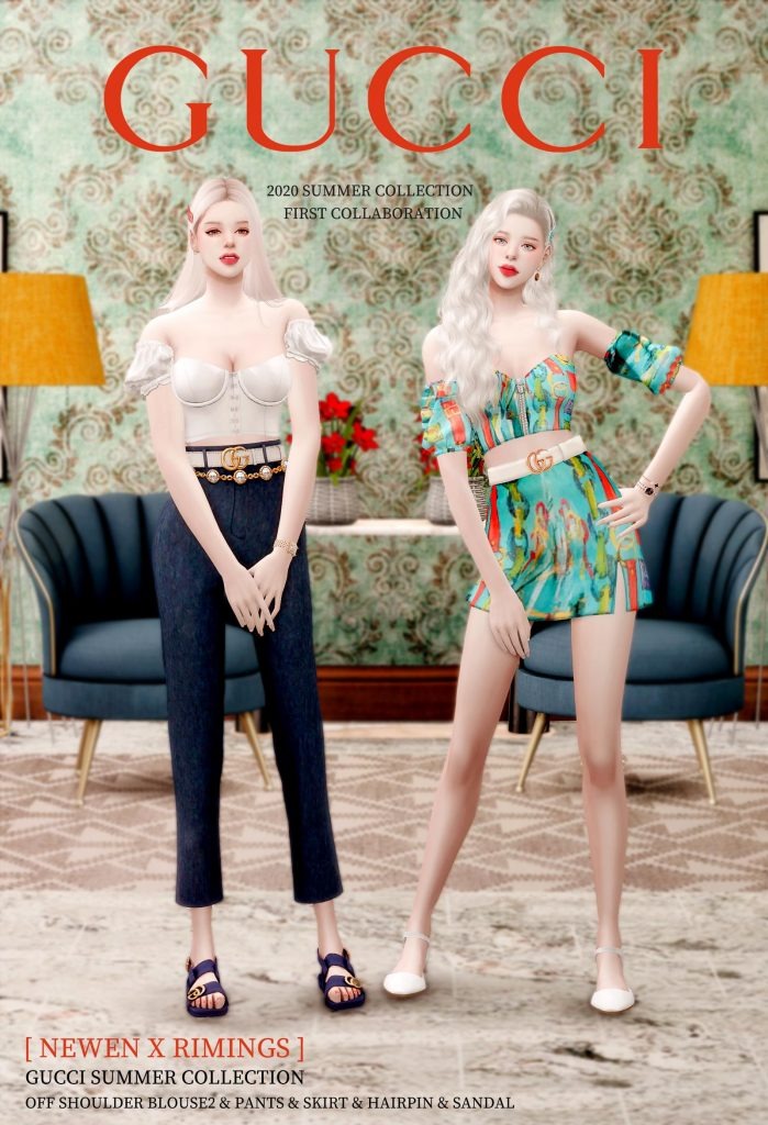 Off Shoulder Top with Puffed Sleeve and Mini Skirt with Gucci Belt and Hair Clip [Alpha]