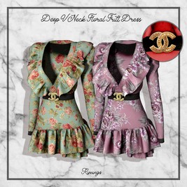 Deep V Neck Floral Frill Dress with Chanel Belt [Alpha]