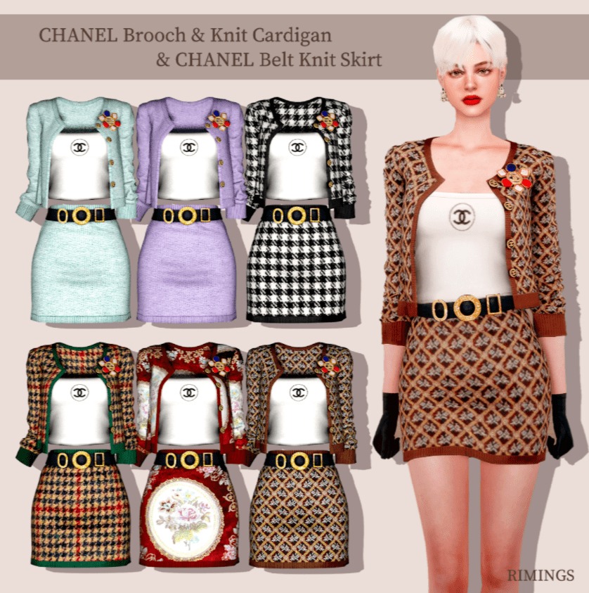 CHANEL Brooch & Knit Cardigan & Belt Knit Skirt