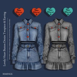 Denim Crop Top Long Sleeves and Skirt with Heart Buttons and Chanel Heart Earrigs [Alpha]