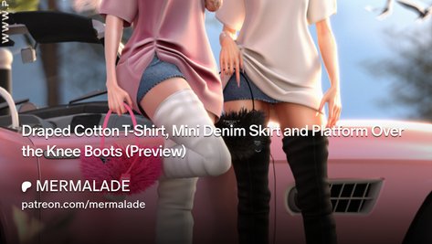 Draped Cotton T-Shirt, Mini Denim Skirt and Platform Over the Knee Boots (Preview)