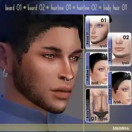 Beards 01-02, hairlines 01-02, body hair 01. Sims 4