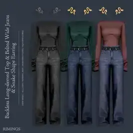 Backless Long-Sleeve Top with Belted Wide-Leg Jeans and Earrings - Women's Fashion