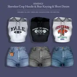 RimingsCasualCombo (Sleeveless Crop  Hoodie, Denim Shorts & Bear Keyring Set) #AlphaCC