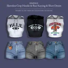 RimingsCasualCombo (Sleeveless Crop  Hoodie, Denim Shorts & Bear Keyring Set) #AlphaCC