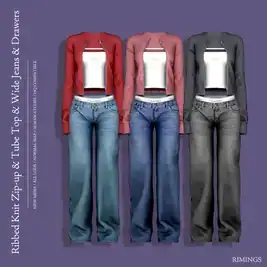 Ribbed Knit Zip-Up, Tube Top, Wide Jeans, and Drawers - Women's Fashion Collection
