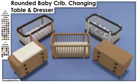 Rounded Baby Crib, Changing Table, & Dresser