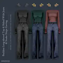 Backless Long-Sleeve Top with Belted Wide-Leg Jeans and Earrings - Women's Fashion