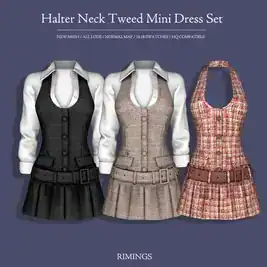 Halter Neck Tweed Mini Dress Set for Women