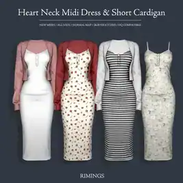 Rimings Heart Neck Midi Dress & Short Cardigan - Women's Fashion