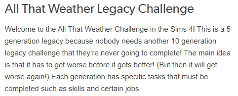 Sims 4 challenges - all that weather legacy challenge