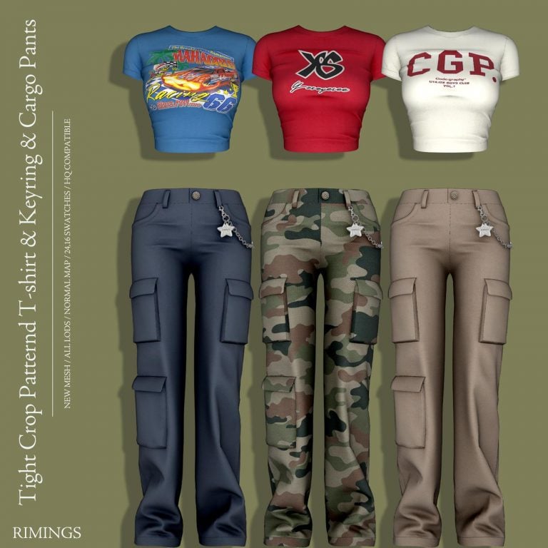 [RIMINGS] Tight Crop Patternd T-shirt & Keyring & Cargo Pants