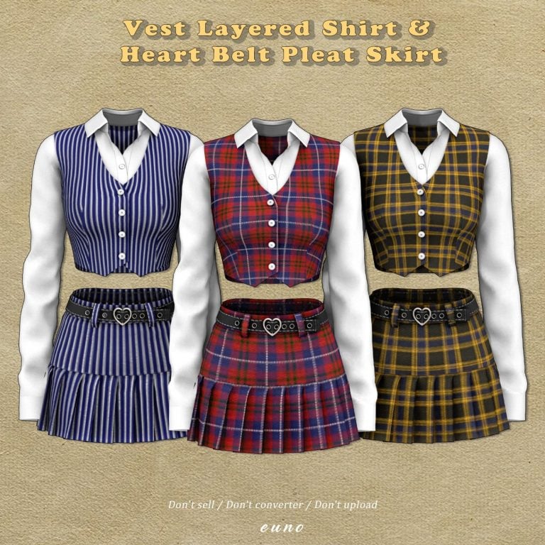 372 vest layered shirt heart belt pleat skirt euno sims