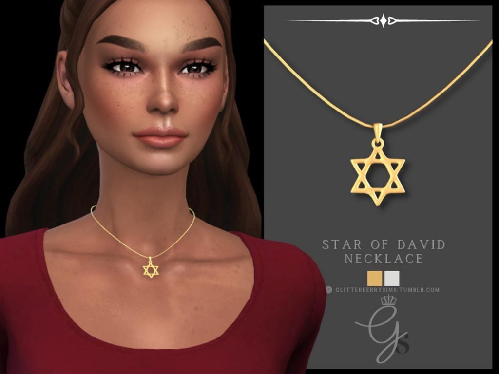 a female sim wearing a gold chain necklace with a Star Of David