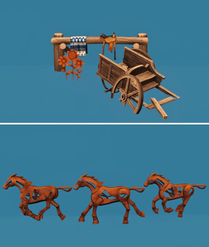 Assorted Decor for Horse Ranch (Broken Cart/ Horse Sculptures/ Blanket/ Saddle)