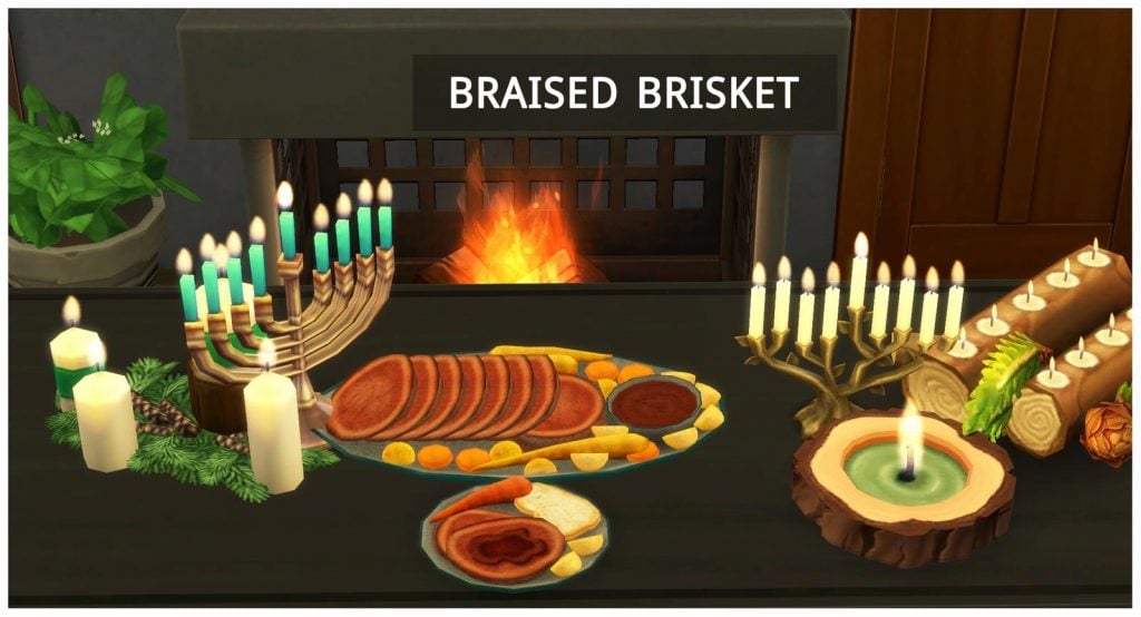 a plate of braised brisket with menorahs burning on either side