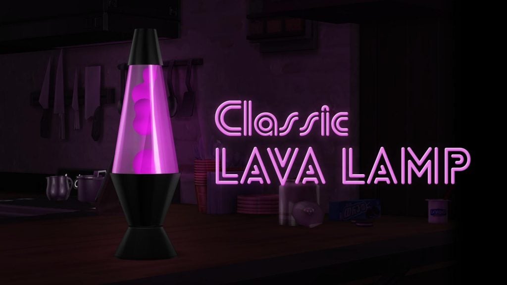 A lava lamp with black base, pink lava, and pink liquid next to the title "classic lava lamp"