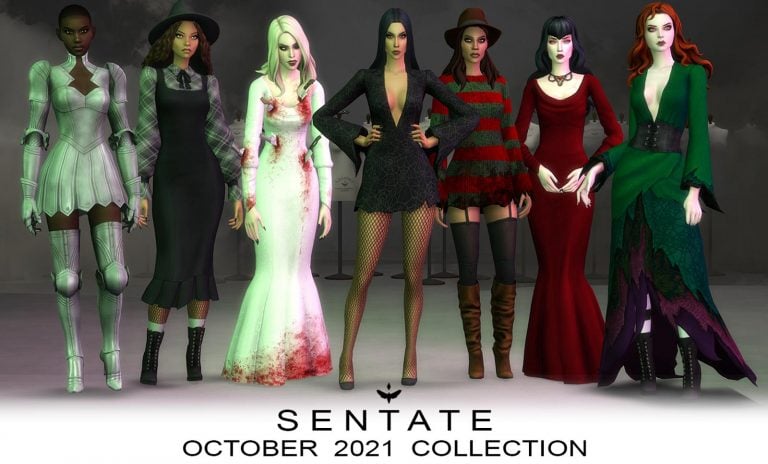 Halloween Witch Costumes CC Pack For Female ( Hairs / Mini Dress / Crop Top / Boots / Stockings ) [MM]
