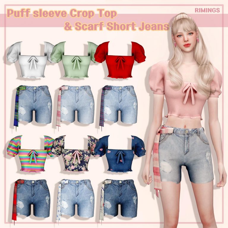 Square Neck Crop Top with Puff Sleeves and Short Jeans with Scarf [Alpha]