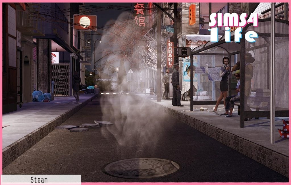 A city street at night with the image focused on a steaming manhole cover in the middle of the road.