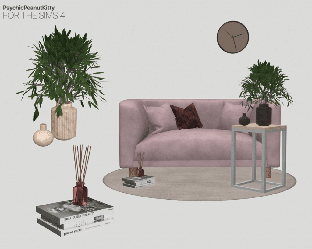 Living Room Set (Pillows/ Sofa/ Side Table/ Vase/ Books/ Rug/ Wall Clock) [ALPHA]