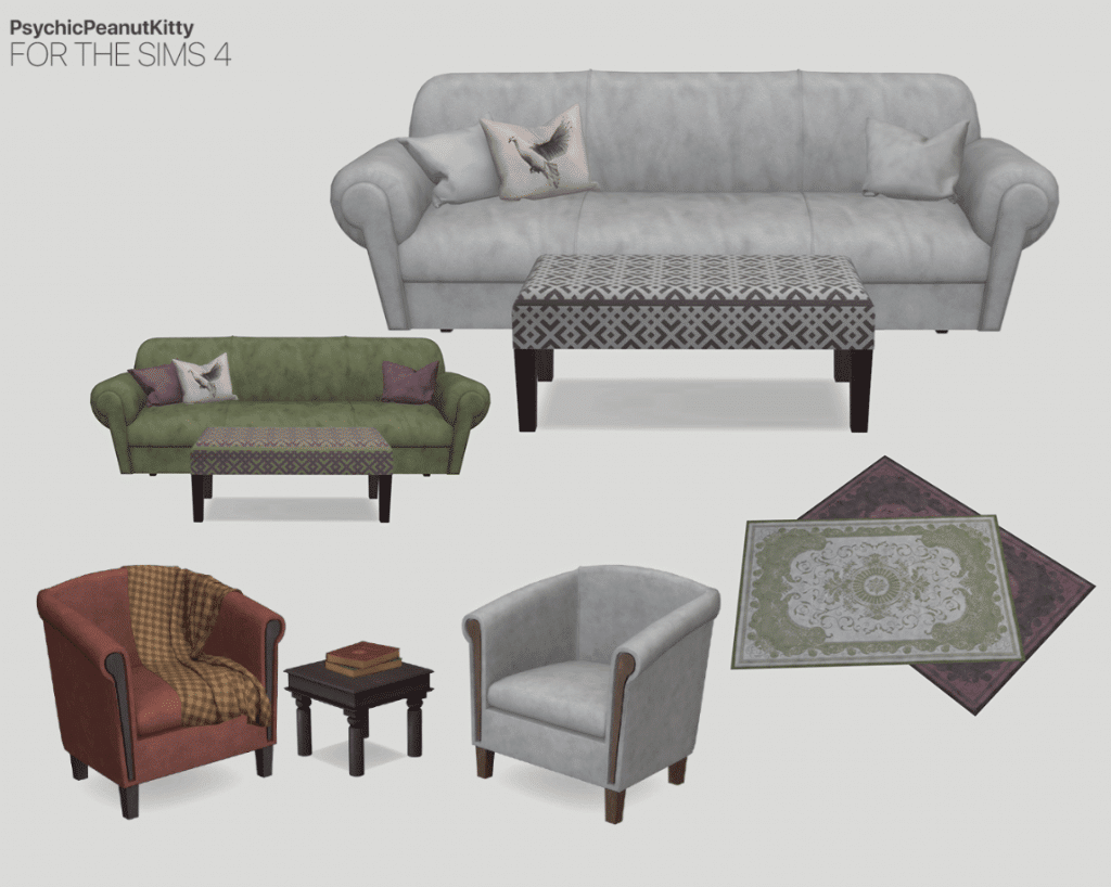 Comfortable Living Room Set (Sofa/ Rug/ Coffee Table/ Pillow/ Chair/ Rug/ Blanket/ Books/ Side Table) [ALPHA]