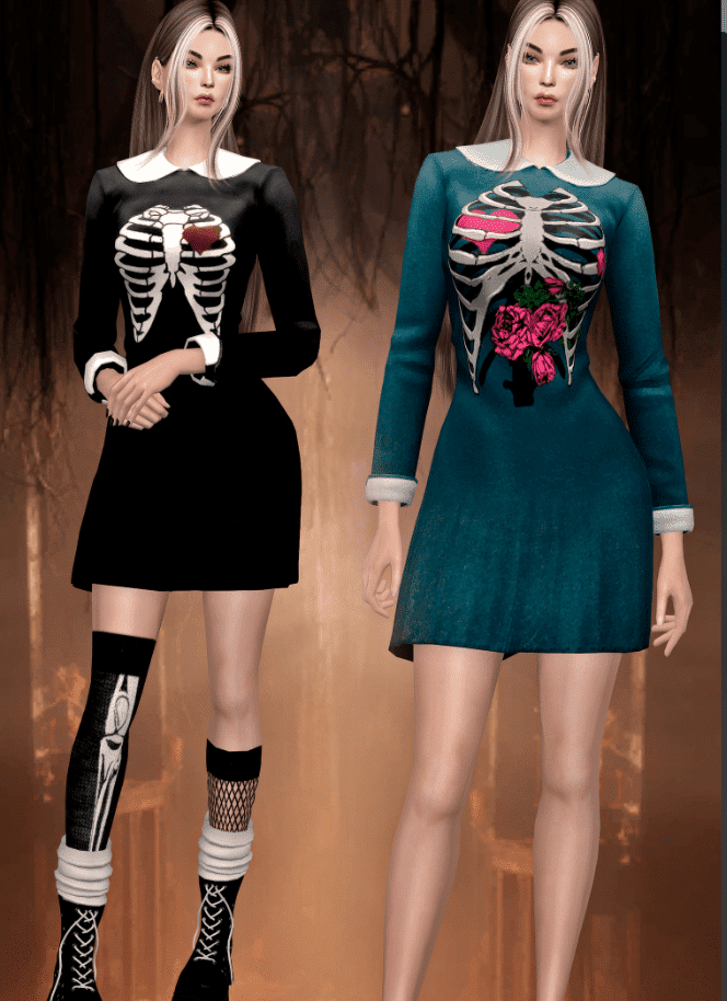 Skeleton Printed Long Sleeve Dress with Collar [ALPHA]