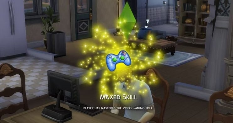 This Sims has maxed out the gaming skill thanks to the video game skill cheat!