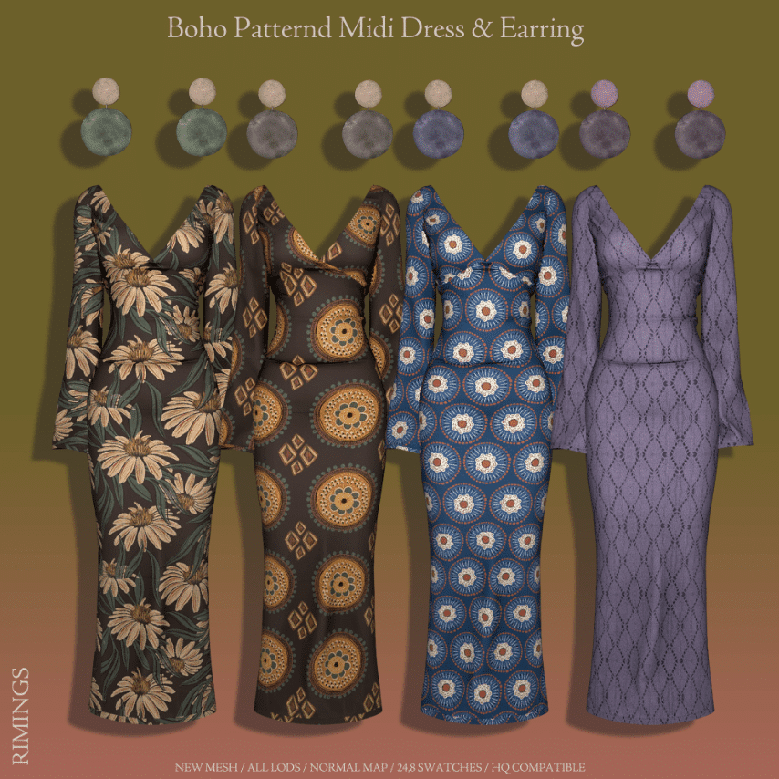 Boho Patterned Midi Dress and Earrings Accessory for Female [ALPHA]