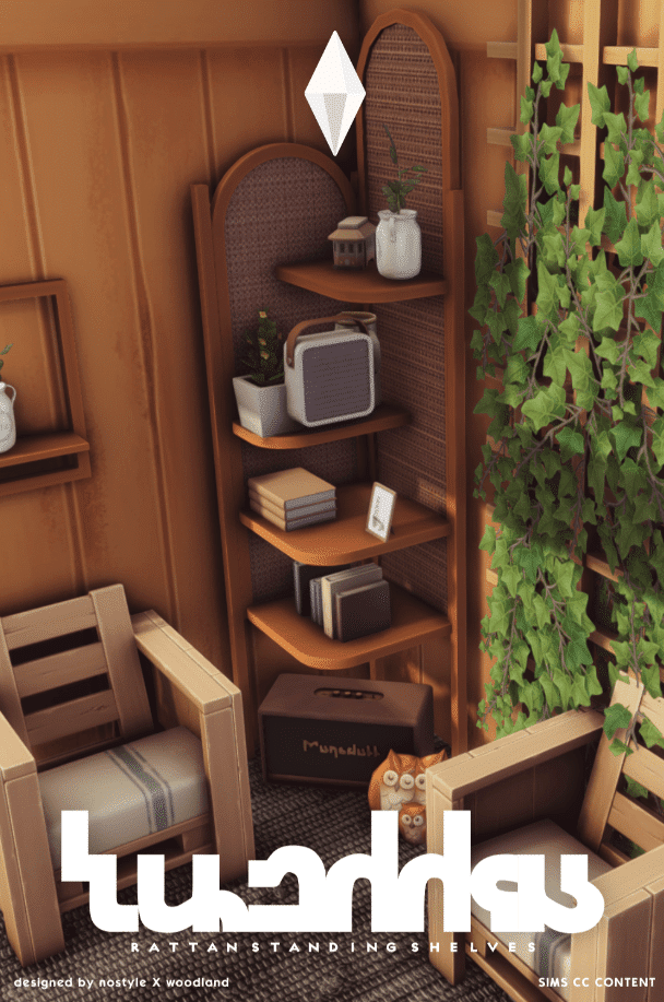 Wooden Rattan Standing Living Room Bookshelf [MM]