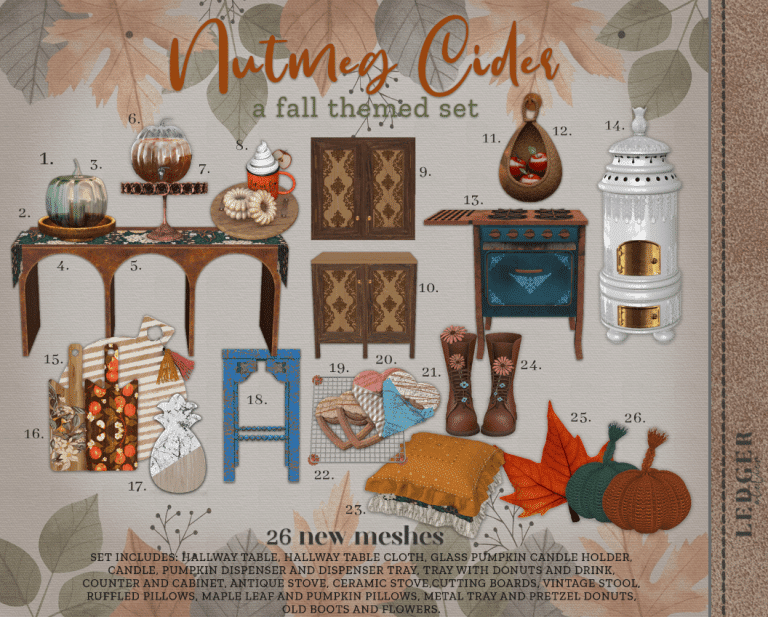 Fall Themed Kitchen Set (Stove/ Cabinet/ Candle/ Counter/ Dispenser/ Table/ Cloth/ Pillow/ Kitchen Clutters/ Drink and Donuts Decor/ Stool) [ALPHA]