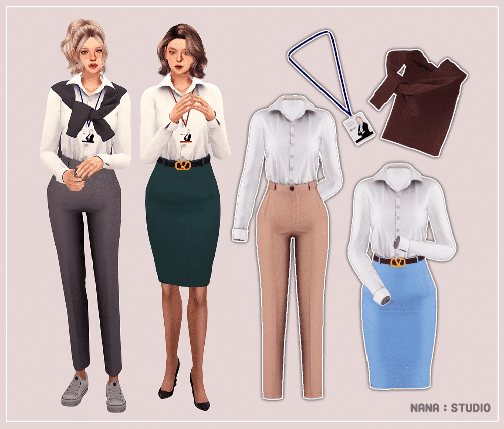 Office Worker Clothes Set for Female (Skirt/ Pants/ Sweater/ Blouse/ ID Necklace) [ALPHA]