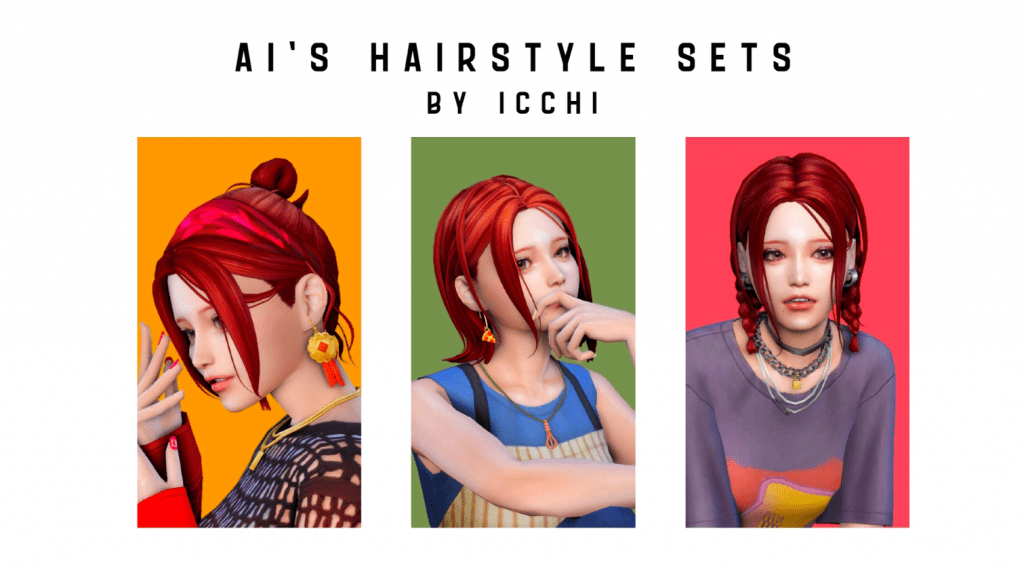 Ai's Hairstyle Sets for Female (Half Updo Bun/ Middle Parted/ Braided Pigtails) [MM]