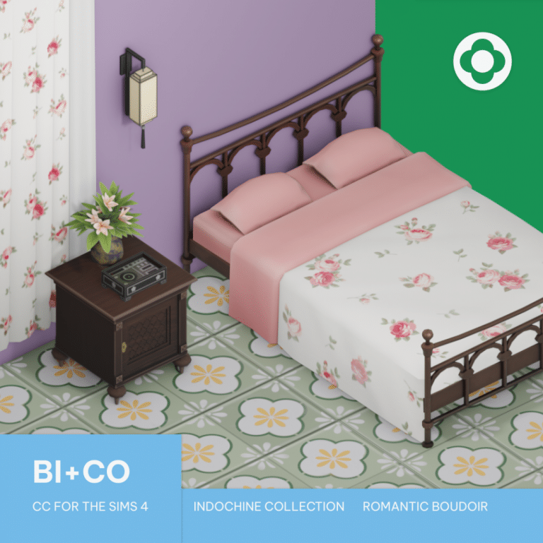 Romantic Boudoir Set (Bed/ Desk/ Vanity/ Table/ Chair/ Chest/ Record Player/ Curtain/ Vase/ Floor Tiles) [MM]