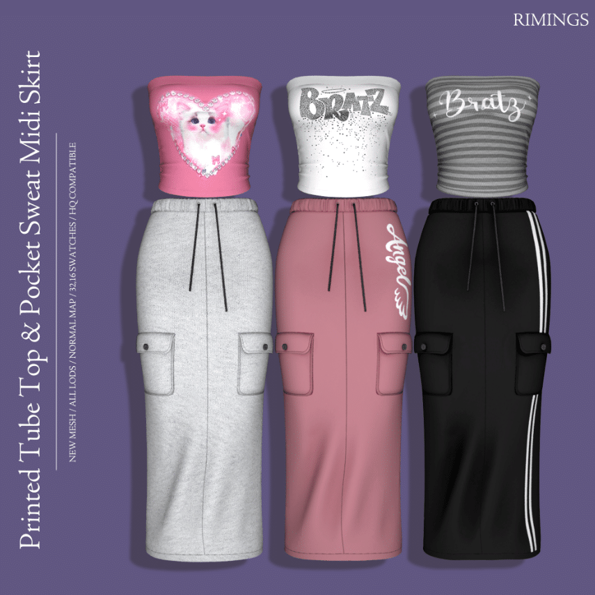 Bratz Printed Tube Top and Pocket Sweat Midi Long Skirt for Female