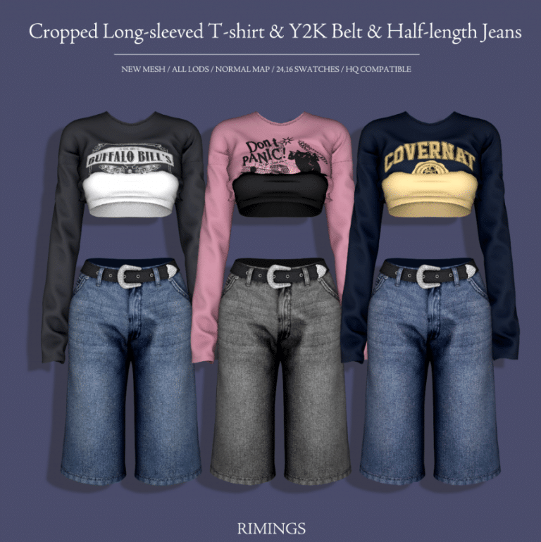 Sexy Street Wear Set for Female (Cropped Long-sleeved T-shirt/ Y2K Belt/ Half-length Jeans) [ALPHA]