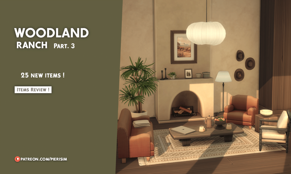 Woodland Ranch Living Room Set (Sofa/ Loveseat/ Chairs/ Ceiling lights/ Side Table/ Decors/ Paintings/ Fireplace/ Wallpaper/ Floor Lights/ Table Lights) [MM]