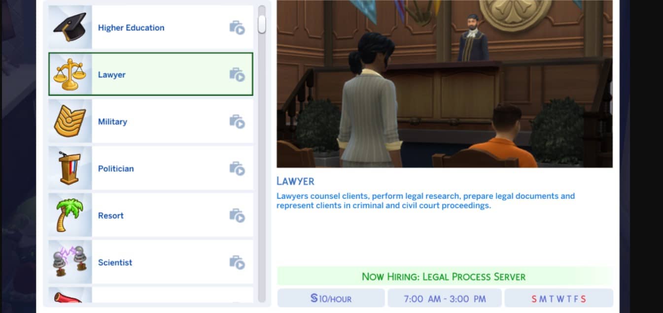 sims 4 law career research current case