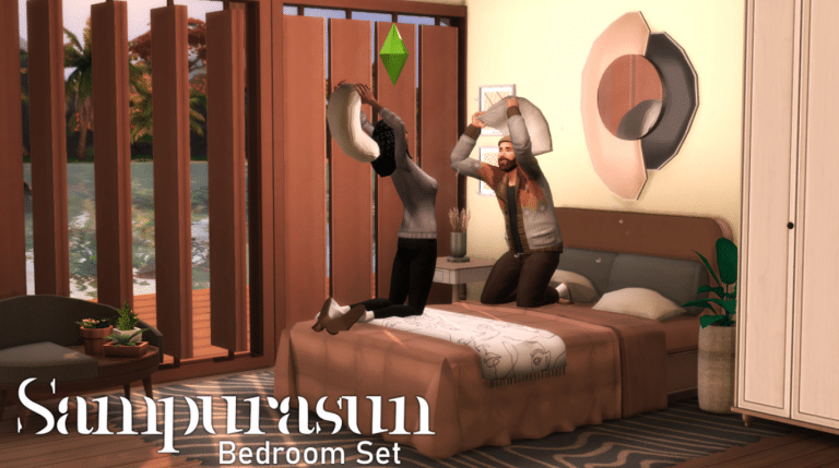 Sampurasun Bedroom Set (Dresser/ Ceiling Light/ Plants/ End Table/ Windows/ Rug/ Bed/ Mirror/ Chair) [MM]