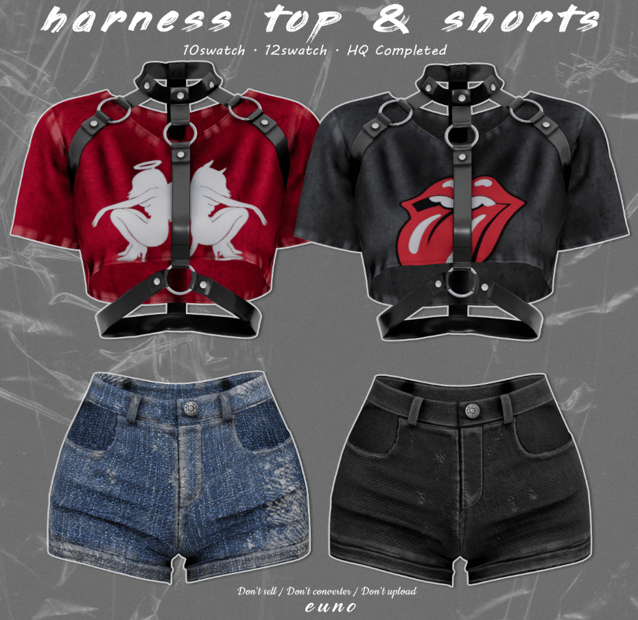Crop Top with Harness and Denim Shorts for Female