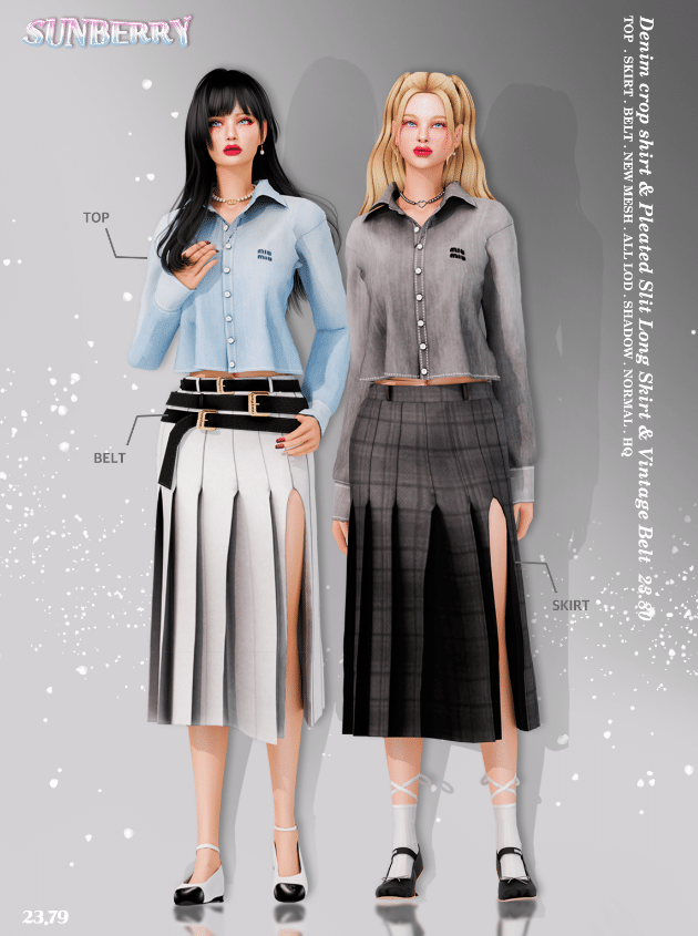 Denim Crop Top and Pleated Slit Skirt with Three Belt Accessory for Female