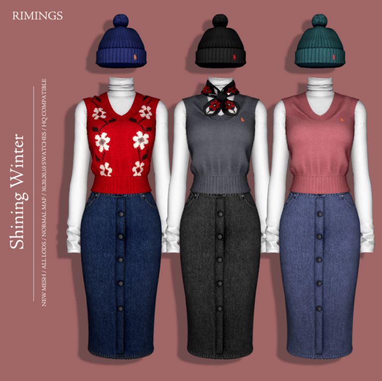 Winter Clothes Set (Beanie Hat/ Scarf/ Denim Long Skirt/ Turtle Neck Top with Vest) [ALPHA]